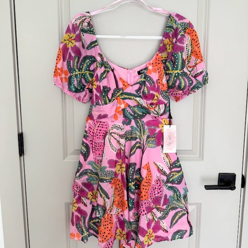 Crystal Sky Short Sleeved Ruffle Hem Mini Dress